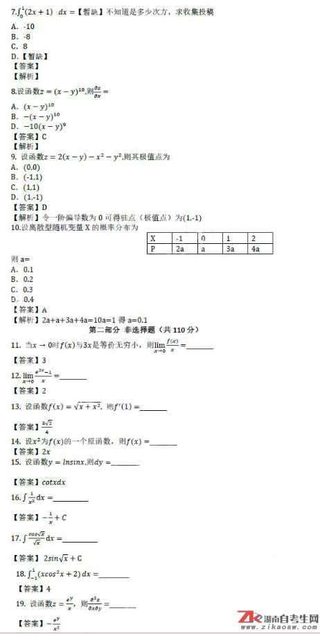 2019年成人高考專升本高等數(shù)學(xué)（二）歷年真題及答案