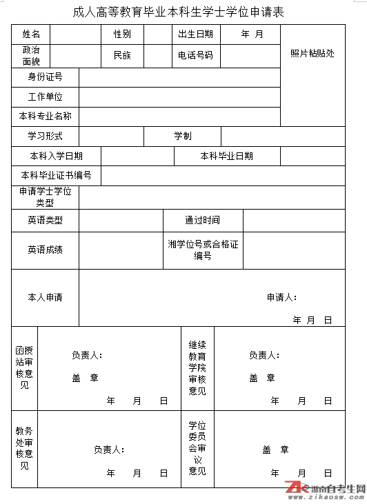 2021年湖南成人高考學士學位申請表